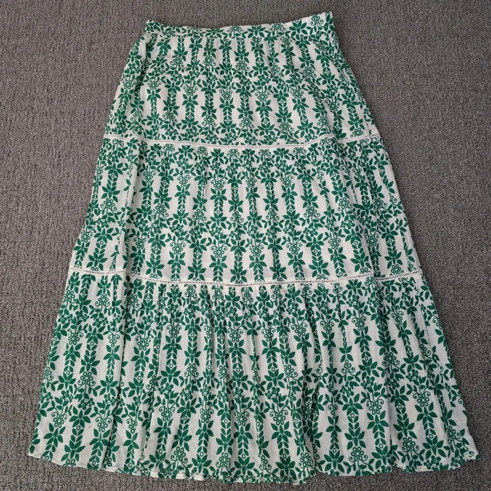 Skies Are Blue Tiered Maxi Skirt Womens‎ XXL Green White Boho Cottagecore
